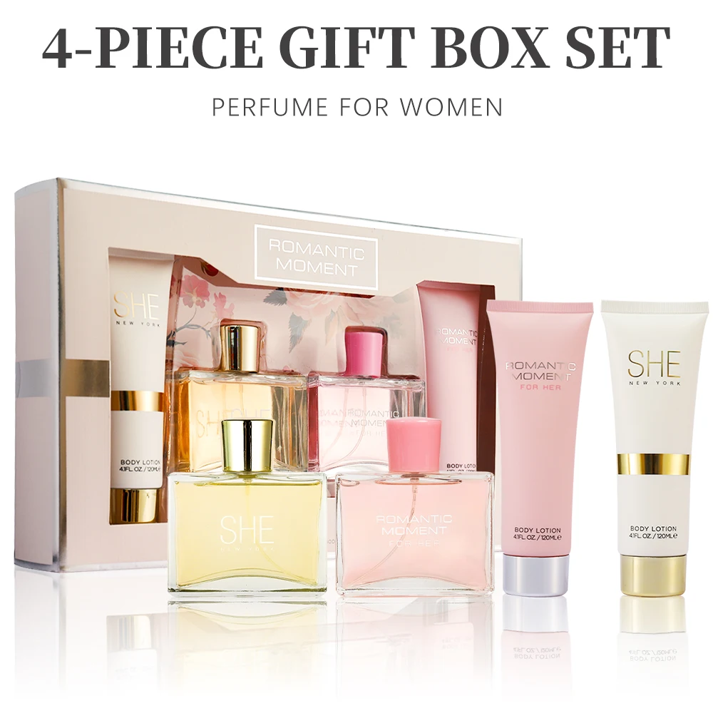 Eau de Parfum-Juego de Spray y loción corporal para mujer, juego de regalo, fragancia, 2 piezas, 3,4 Fl. oz EDP Spray y 2 piezas, 4,1 Fl. oz, loción corporal ROMANT