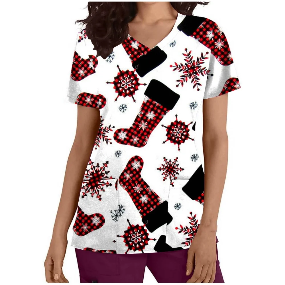 الزي السريري للمرأة سلسلة عيد الميلاد الكرتون منع السرطان فرك قمة الموضة الخامس الرقبة قصيرة الأكمام الزي الطبي للمرأة