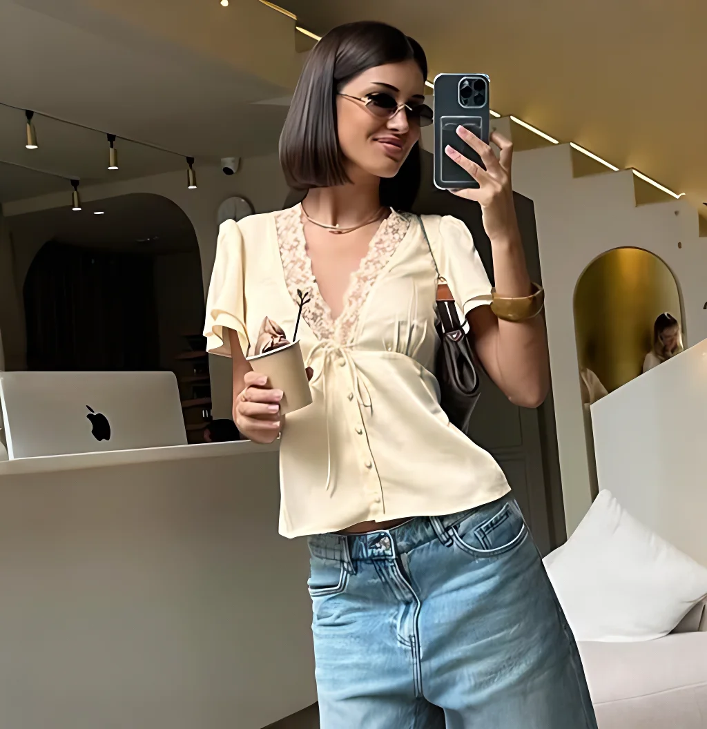 Tuularose أنيقة الدانتيل تي شيرت الإناث مثير الخامس الرقبة الدانتيل المرقعة الدانتيل متابعة البنطال القصير الصيف موضة فاخرة حفلة نظرة المرأة