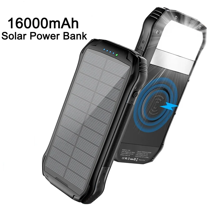 

16000mAh Solar Power Bank Waterproof Fast Charging Wireless Powerbank For iPhone 13 12 Pro Huawei Xiaomi Mi 9 Portable Powerbank