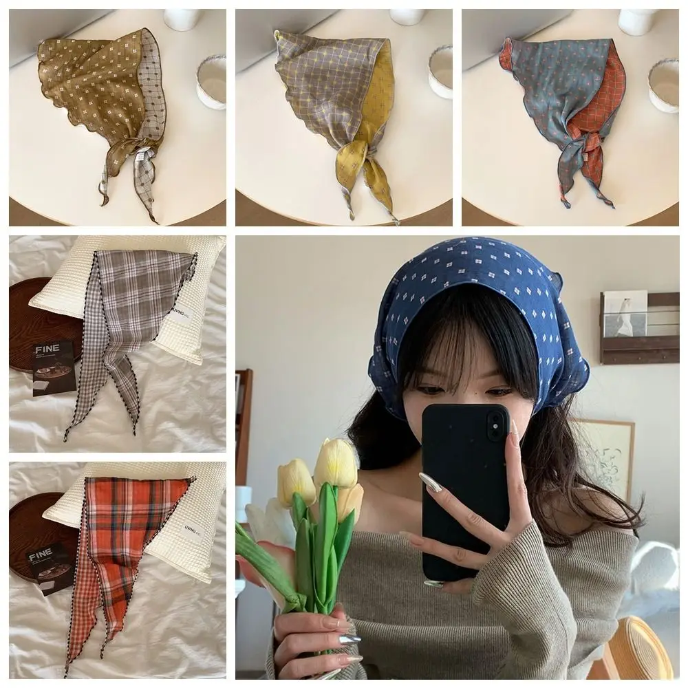 

Sweet Cotton Lattice Headscarf Thin Turban Pastoral Style Headscarf Colorful Vintage Triangular Hair Band Girls