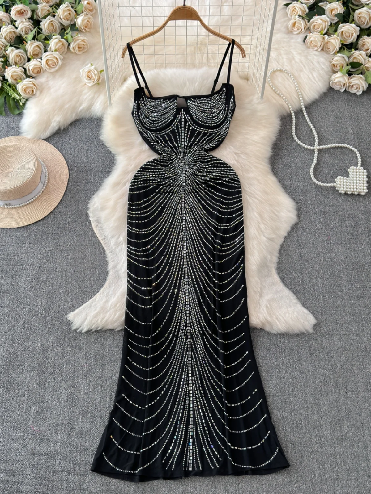   Sexy diamantbesetztes, durchsichtiges Netz-Trägerkleid, langes Dr. Damen-Sommerkleid mit hoher Taille und H-Form