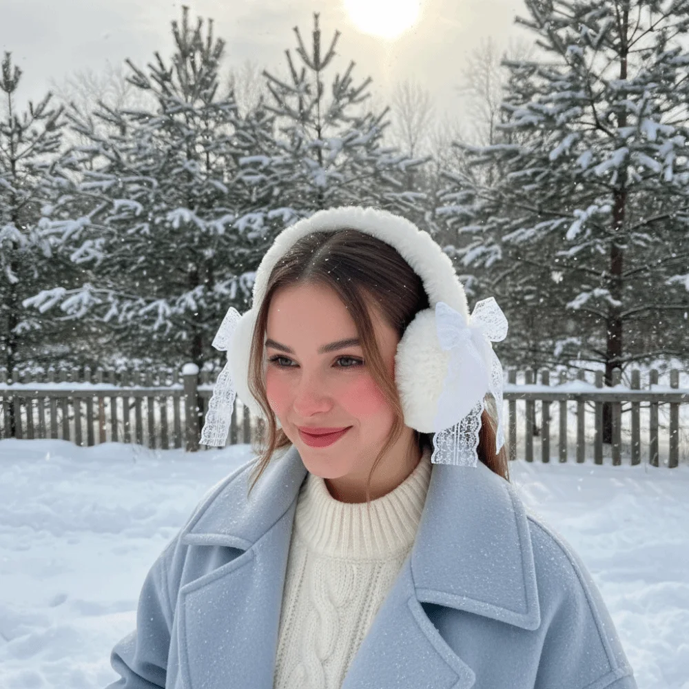 

Милые кружевные грелки для ушей с бантом, ветрозащитные, сохраняющие тепло, зимние плюшевые наушники, защита от холода, наушники, головные уборы