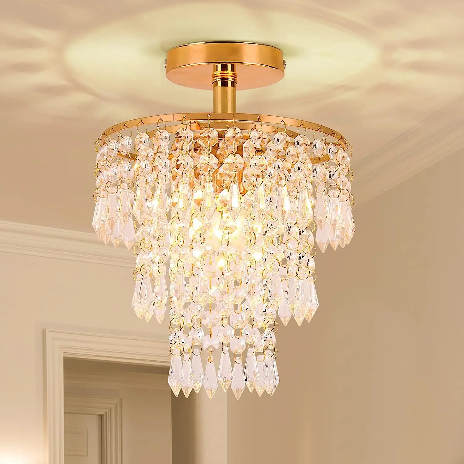 Small crystal pendant light/ceiling light 3-layer crystal raindrop pendant light decoration, bedroom, hallway, living room