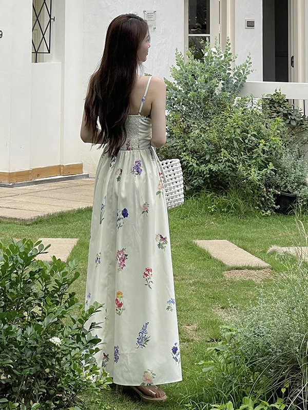 Vestido camisola de retazos florales Retro francés para mujer, falda acampanada de hada de estilo Pastoral elástico de verano, vestido plisado coreano Y2K