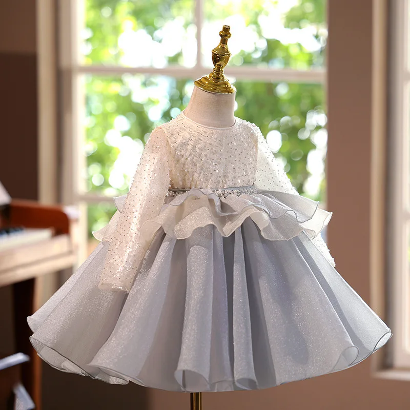 2025 New year gorgeous Children Baby Girl pearl Dresses Birthday Princess Prom Dress for Kids sequin Long sleeved Ball Gown