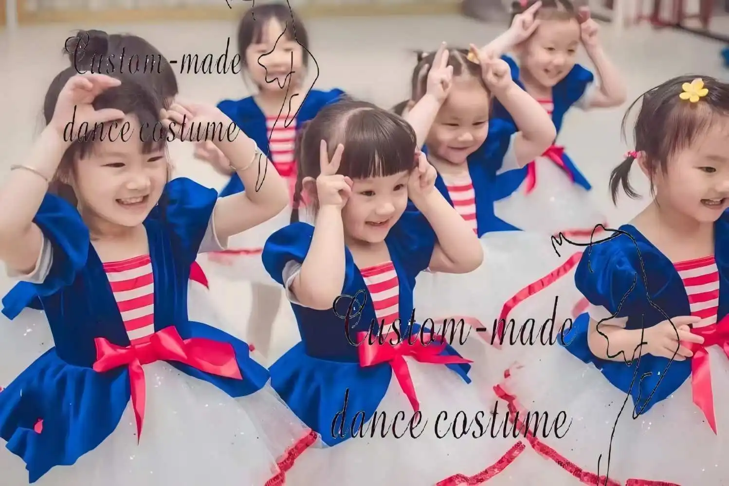 

Adorable girl stage ballet costume, blue fluffy festive performance dance tutu