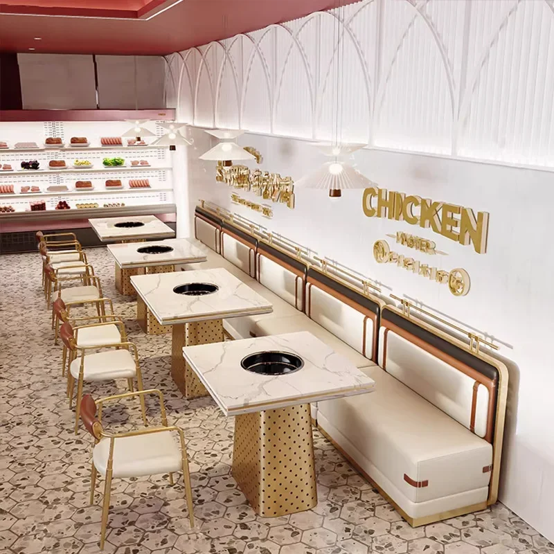 Chain hot pot barbecue shop light luxury stainless steel card seat sofa restaurant table and chair combination
