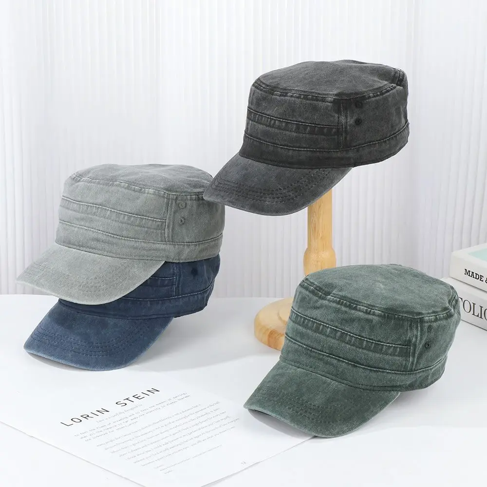 Hat Men Fishing Retro Do Old Wash Jeans Big Head Bib Flat Top Hat Outdoor Casual Tie-In Female Cap Trend European And N Style
