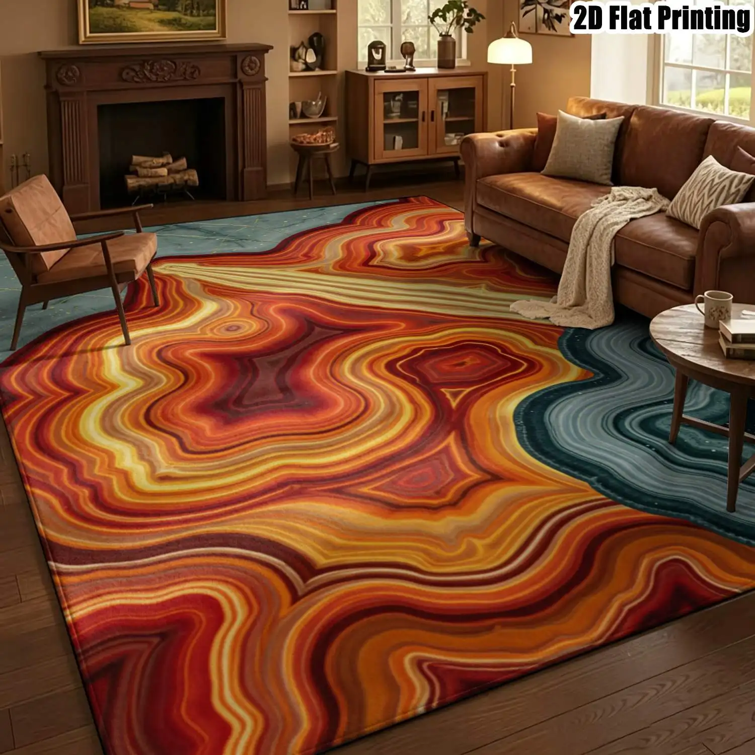 1Pc 2D Printed Carpet: Warm Orange & Gray Onyx Texture, Modern Simple Style, Ideal for Home/Instagram Decor, Multi-Size, Machine Washable, Perfect for Entrance, Dining, Bedroom, Living Room Etc