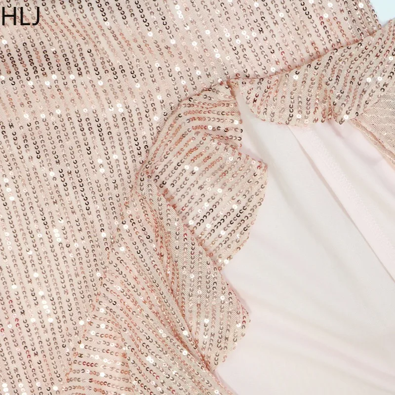 HLJ أنيقة الترتر كشكش المرقعة Bodycon فستان طويل المرأة مشرقة كم طويل العميق الخامس الرقبة فساتين الإناث كلوبوير Vestidos