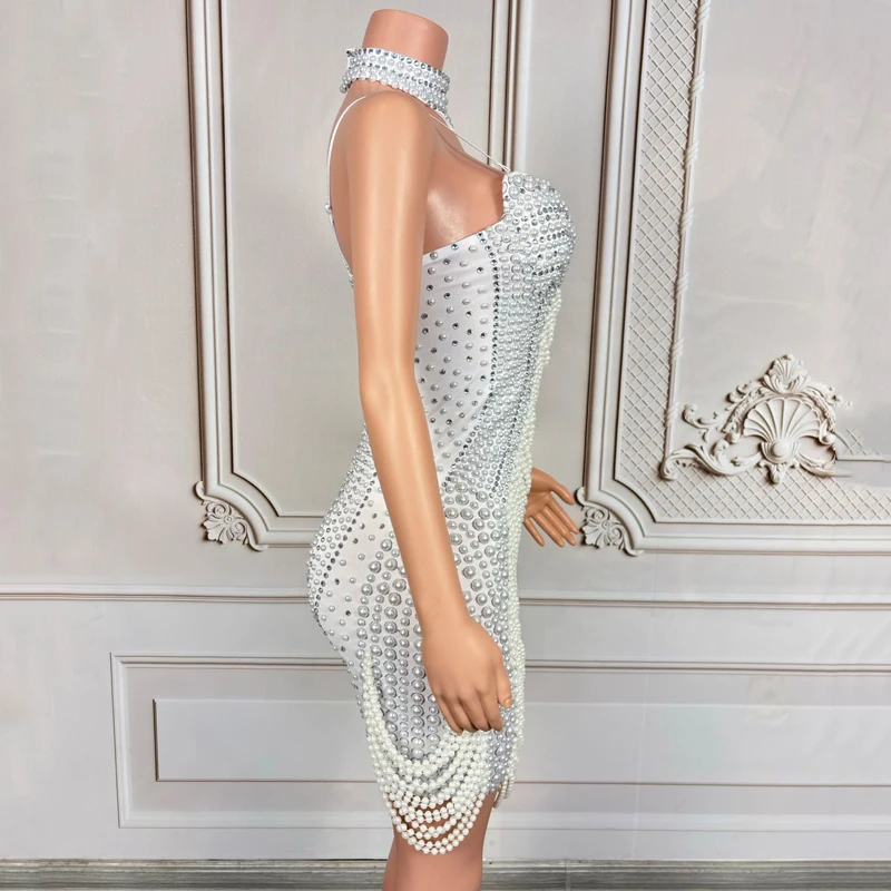 화이트 펄 라인스톤 이브닝 드레스 여성 파티 재즈 댄스 의상 무대 공연 의상 나이트클럽 바 페스티벌 의상 9692