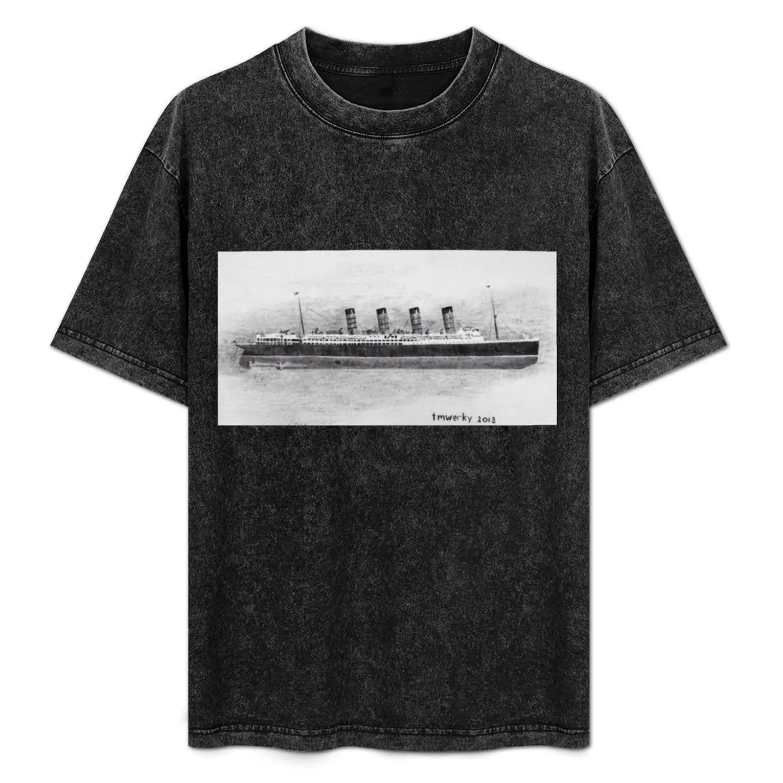 Camiseta con estampado de Lusitania en blanco y negro sobre tela (reproducción), camiseta antiarrugas de manga corta