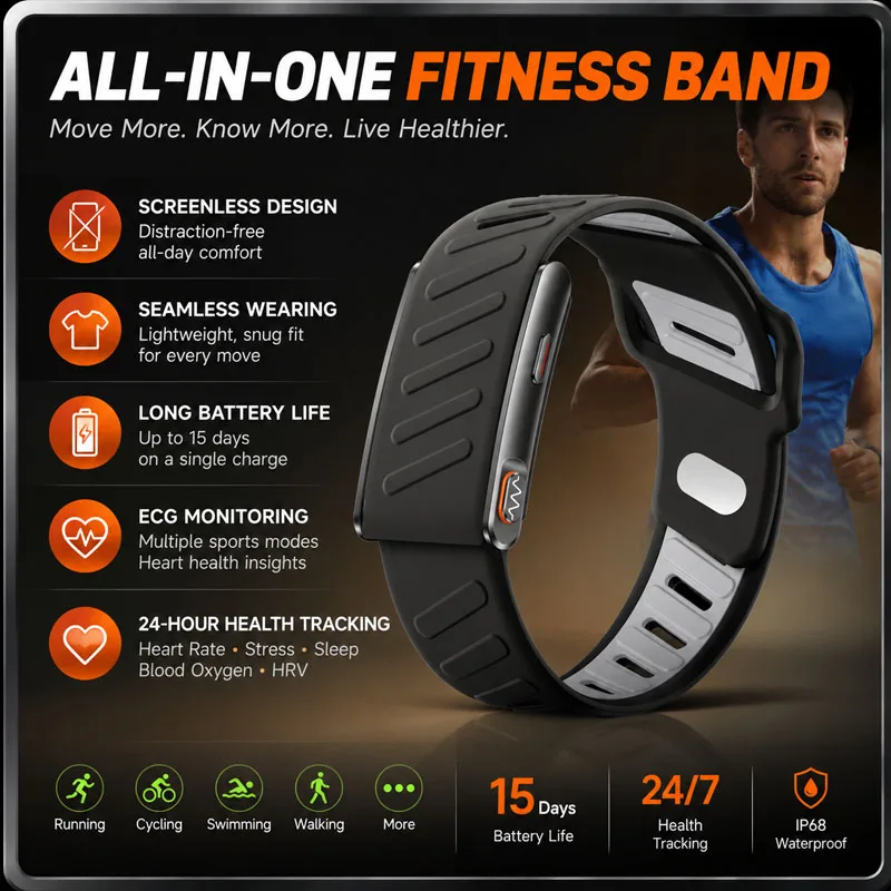 New Screenless Smart Health Band with ECG Heart Rate Sleep SpO2 HRV Blood 3ATM Ultra Light Fitness Smart Bracelet Men Women
