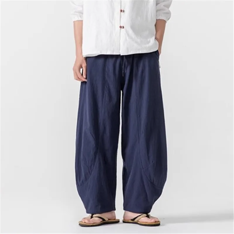 

2025 Spring Summer Cotton Linen Casual Pants Men Solid Color Loose Straight Vintage Harem Pants Mens Breathable Sports Trousers