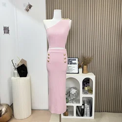 High Quality Small Fragrance Knitted Two Piece Set Women Sleeveless Sexy Top + Skirt Suits Sweet Fashion Sweater 2 Piece Outfits