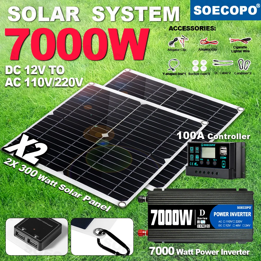 

Контроллер SOECOPO 7000 Вт, 100 А, контроллер солнечной батареи, набор солнечной системы, 12 В постоянного тока, 110 В/220 В переменного тока, инвертор 2 * солнечные панели для кемпинга