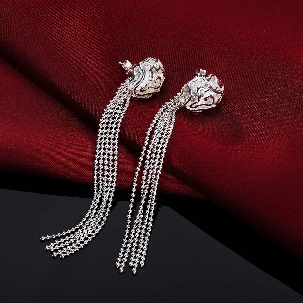 Hot Fine 925 Sterling Silver tassel Rose flower stud Earrings for Women Holiday gifts Fashion Brands Wedding party lady Jewelry