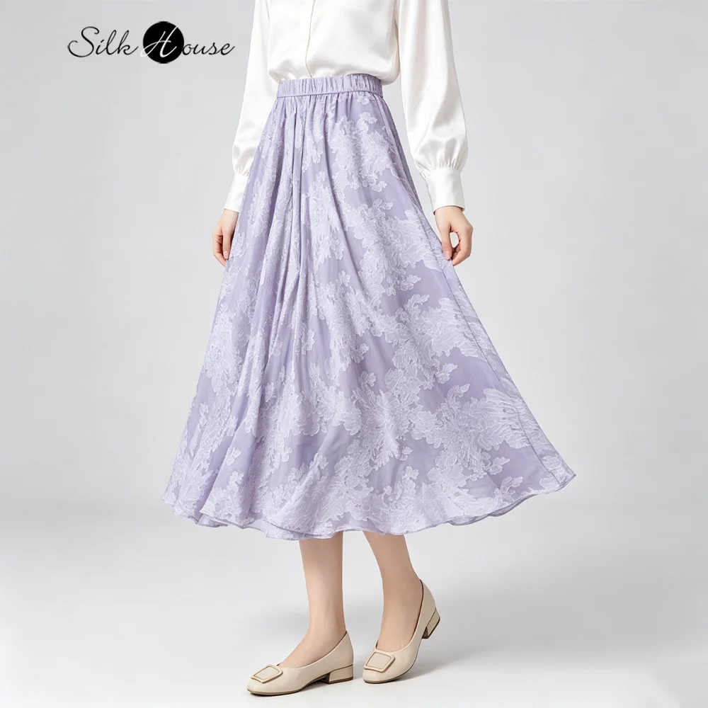 

Women's 3.5m Large Swing Heavy Industry Natural Mulberry Silk (lining: Silk Cotton) Elastic Waist Diagonal Cut Purple Skirt