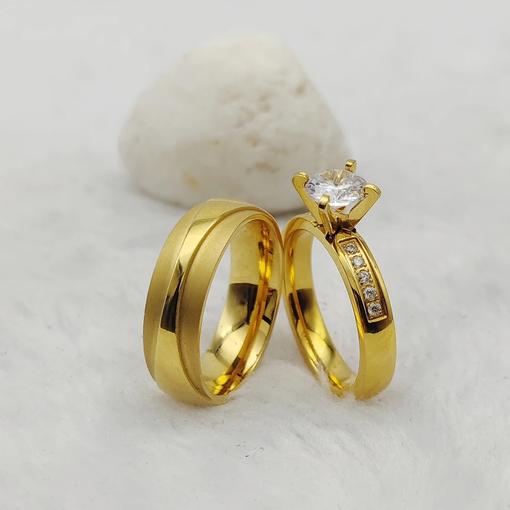 Saudi Arabia Jewelry Promise Invisible Setting Jewelry Wedding Rings 18k Golden Plated Marriage Engagement  Sets Couples