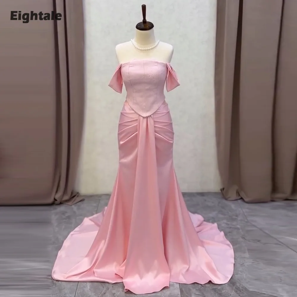 

Eightale Pink Evening Dress Strapless off the Shoulder Customized Floor Length Satin Lace Mermaid Prom Wedding Party Gowns