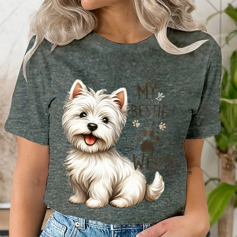 My Bestie Is A Westie Cute Dog Breeds Quotes T-shirt Women Funny Dog Paw Prints Tee Cartoon Animal Lover Gift Funny Tshirt Women