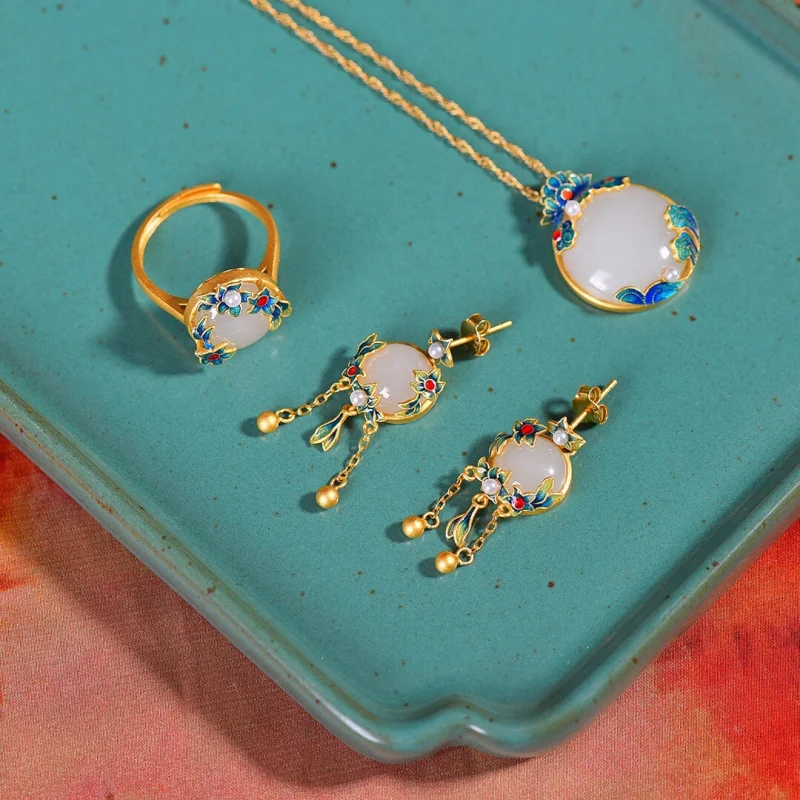 

S925 Silver Inlaid Hetian Jade Enamel Round Pendant Ring Earring Women Three-Piece Set