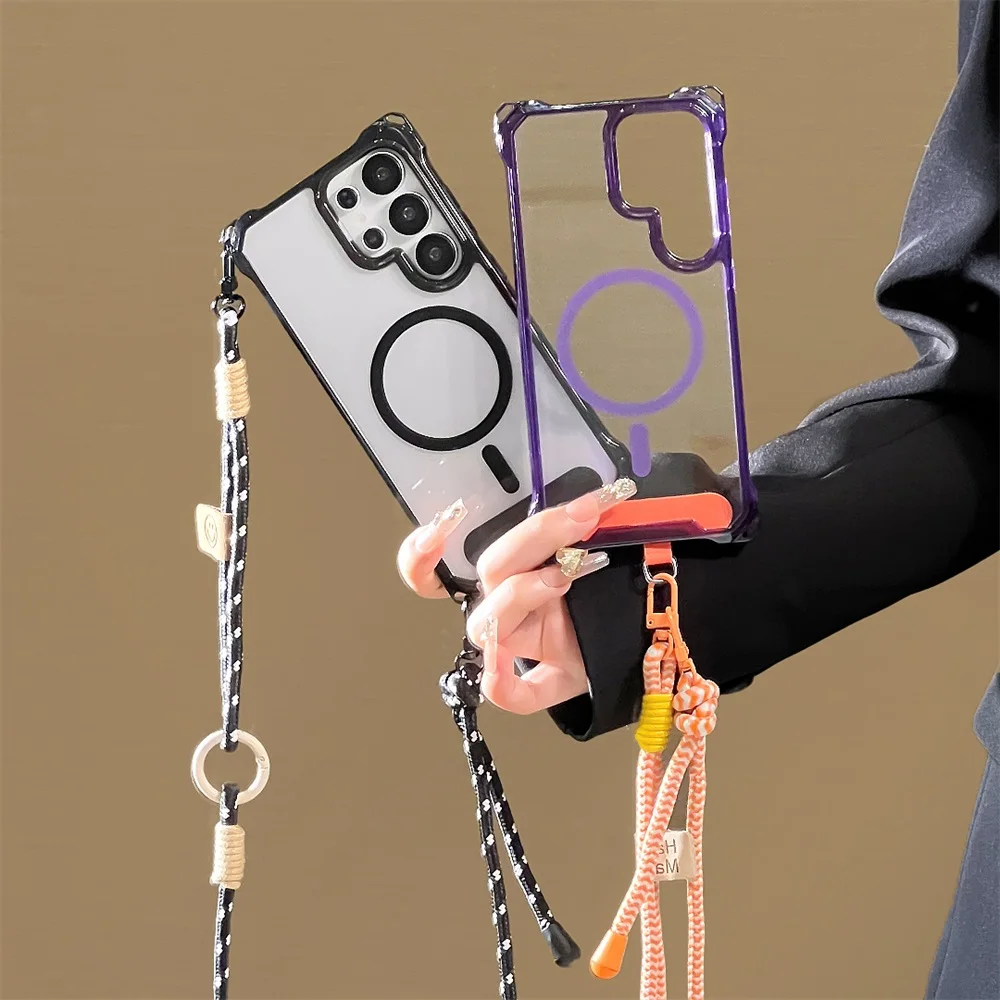 Transparent Crossbody Strap Magnetic Phone Case For Samsung S25 Ultra S24 Plus Cover For Samsung S25 Plus Case For S24 S23 Cover