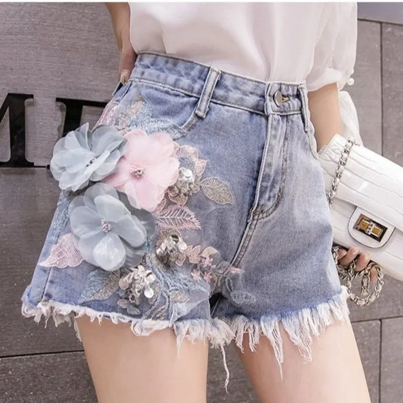 Women Embroidered Flowers Sexy Denim Shorts Women's 2026 Summer High-waist Loose-fitting Wide-leg Sweet Light Blue Shorts