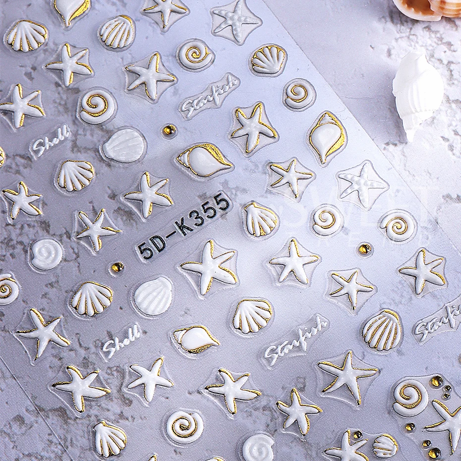 5D Oro bianco Animali dell'oceano Adesivi per unghie in rilievo Conchiglie di mare metalliche Conchiglia Stella marina Decalcomanie per unghie Decorazione Cursore per manicure fai da te