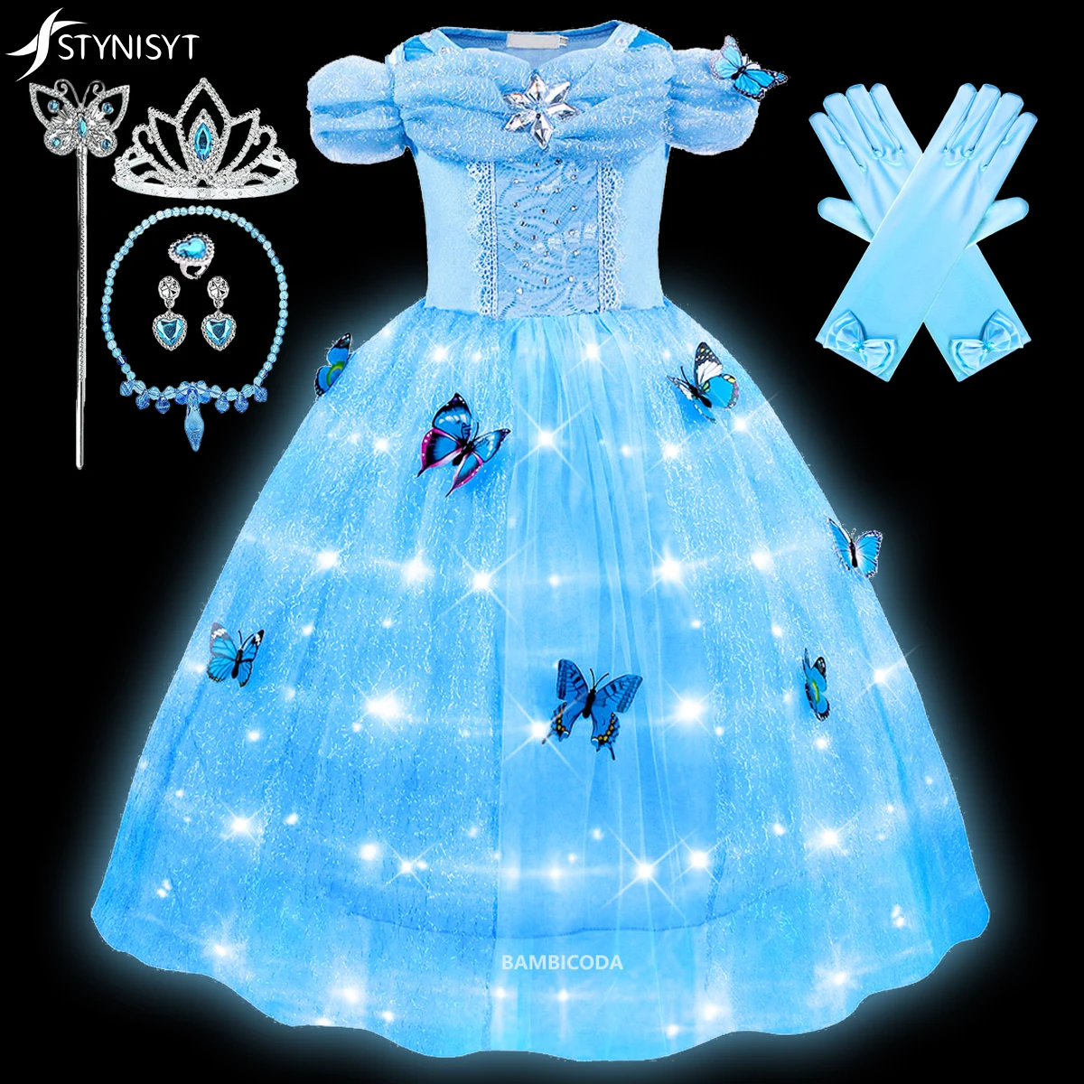 Cinderella Cosplay Costume Kids LED Light Dress Up Clothes for Girls Sequins Princess Dress Crown Glove Birthday Party Ball Gown