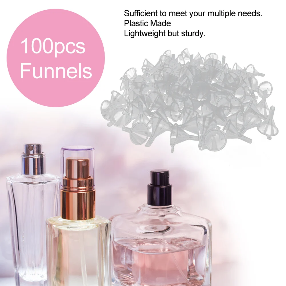 100 Peças de Funis Plásticos Transparentes Pequenos, Ferramentas Portáteis para Enchimento de Mini Frascos Vazios, para Líquidos Cosméticos, Óleos Essenciais e Uso em Viagem
