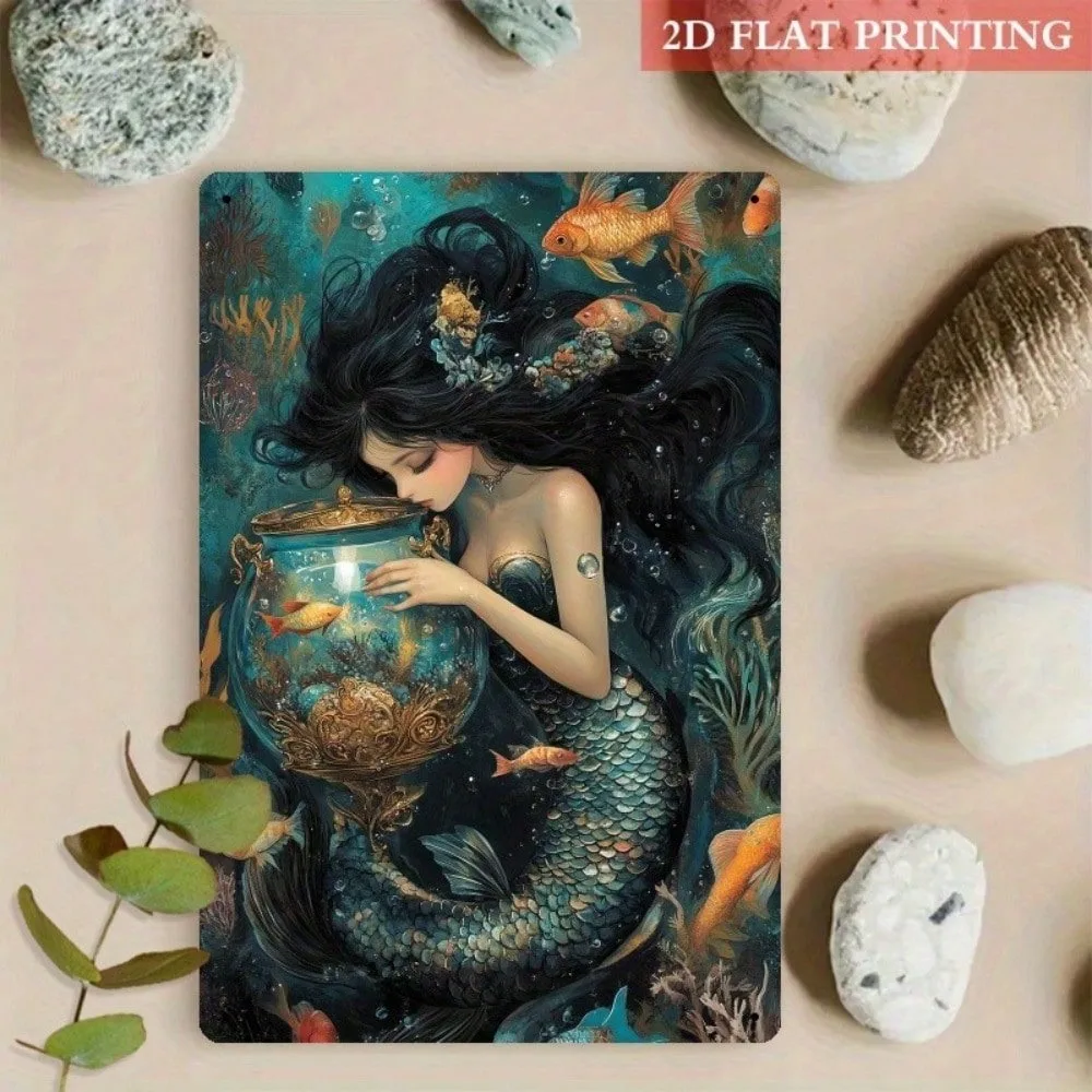 

Retro Metal Tin Sign 8x12 Inch Antique Mermaid Goldfish Wall Art Rustic Home Garage Cafe Decor