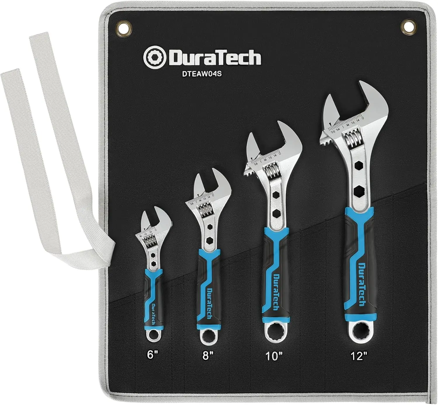 

4-Piece Adjustable Wrench Set, 6-12 inch, 3-in-1 Spanner with Box End/Hex, CR-V Steel, Chrome, Soft Grip, Rolling Bag