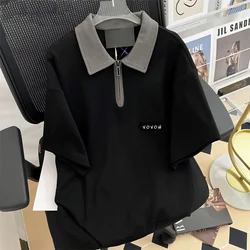 2024 New Summer Fashion Contrasting Color Lapel Half Zip Short Sleeved T-shirt Loose Casual Oversized Couple Polo Shirt Top