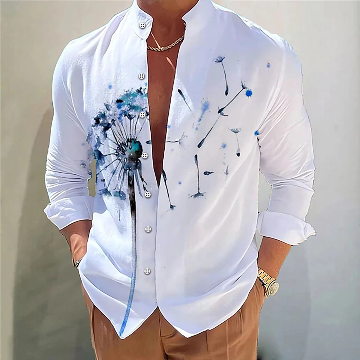 Men\'s shirt flower shirt 3D printing casual daily outdoor street stand collar long sleeve shirt fashionable and comfortable