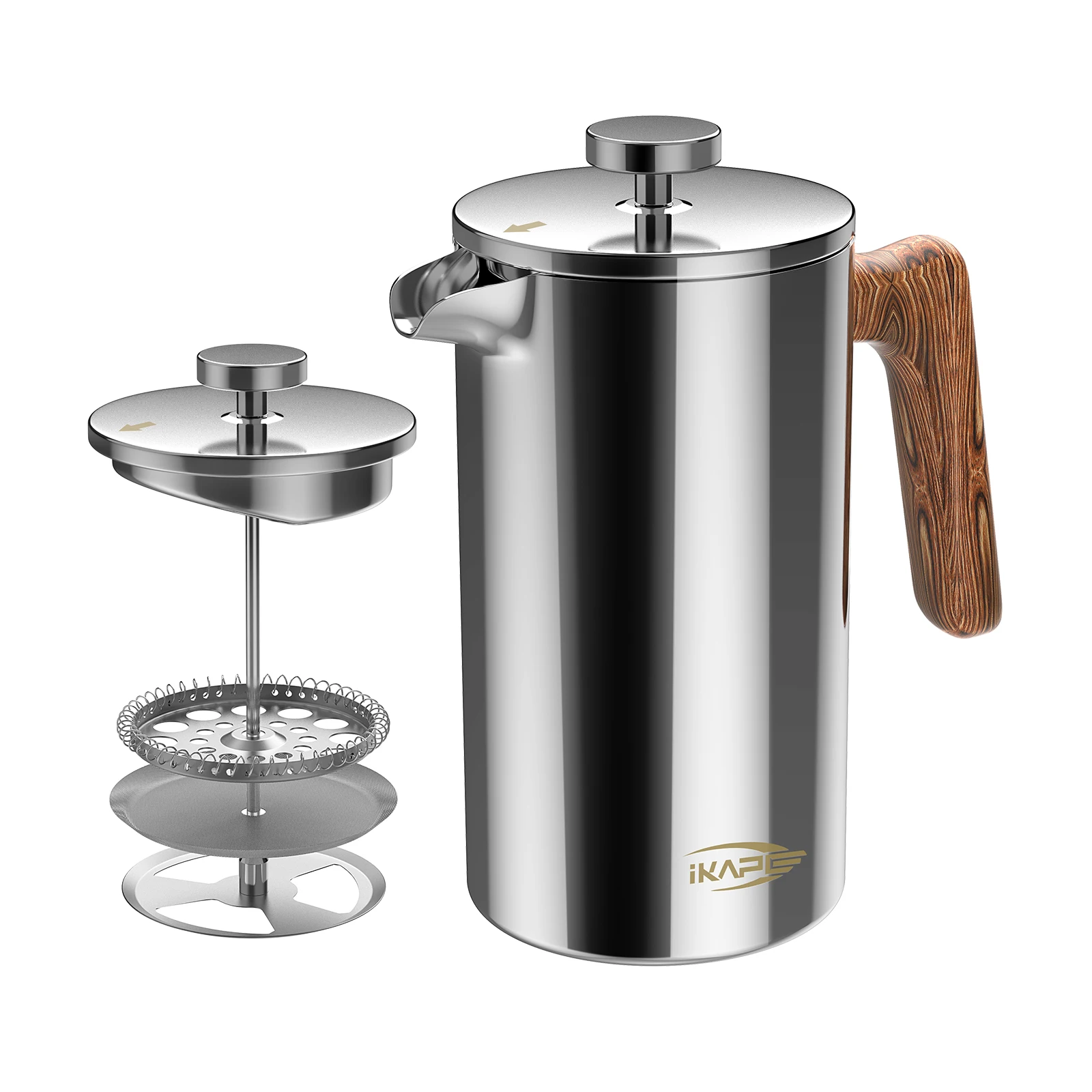 

IKAPE French Press Coffee Maker, 34 OZ 304 Stainless Steel Espresso Coffee & Tea Maker with 4 Level Filtration System(Silver)