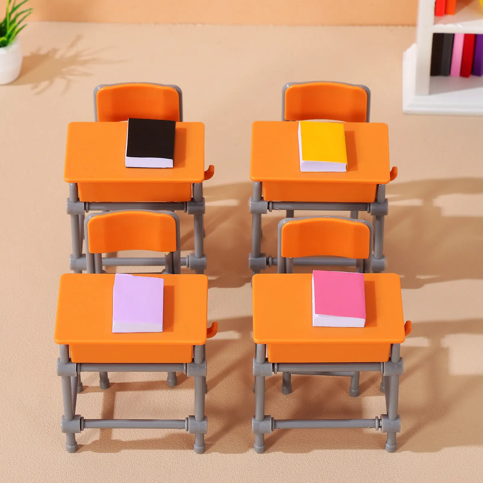 4Sets Miniature School Desk Chair Versatile Decoration Mini Classroom Furniture Set School Room Accessory Mini Chair Decoration