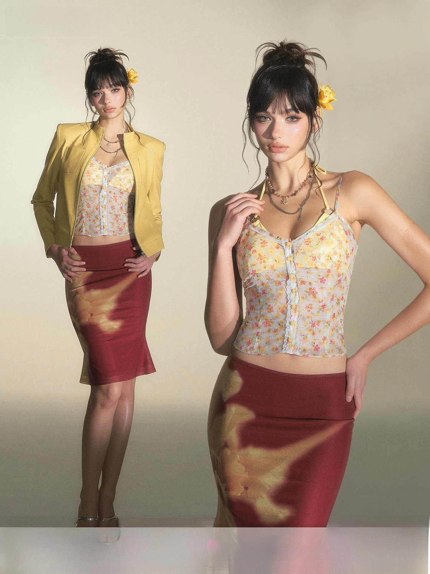 

HiimDai April Flower S Lace Patchwork See-tough Lightweight Floral Dr And Skirt Set Women's Faion Spring Summ...