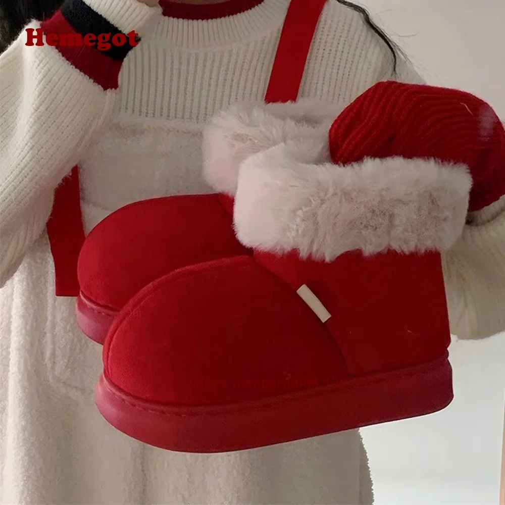 Big Red Snow Boots Round Toe Height Increasing Plush Women's Ankle Boots Warm Platform Cotton Booty Casual Winter Luxury Shoes