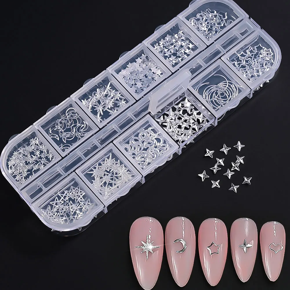 12 rasters Zilveren Ster Maan Hart Nagel Metalen Klinknagels Studs 3D Y2K Metalen Aolly Slice Plaksteen Nagel Charmes Sterrenlicht Nageldecoratie 5