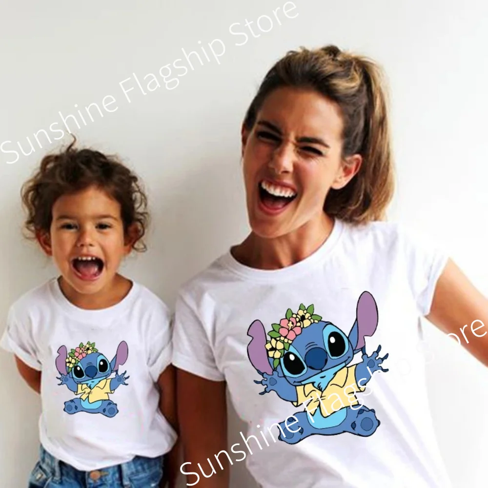 Family Look Disney Stitch T Shirt Mother and Kids Matching Outfits Fashion Streetwear Mom and Daughter Son Family Clothes Tops