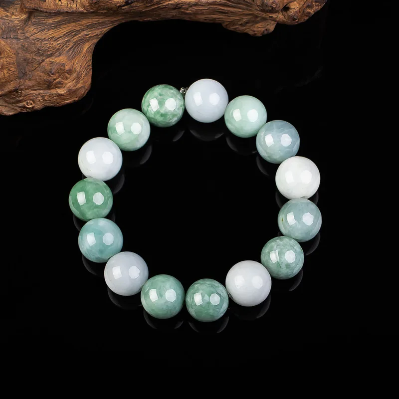 Natural Burmese 13mm Green White Bead Bracelet, Soft Jadeite for Men and Women, Jade Jewelry view 2