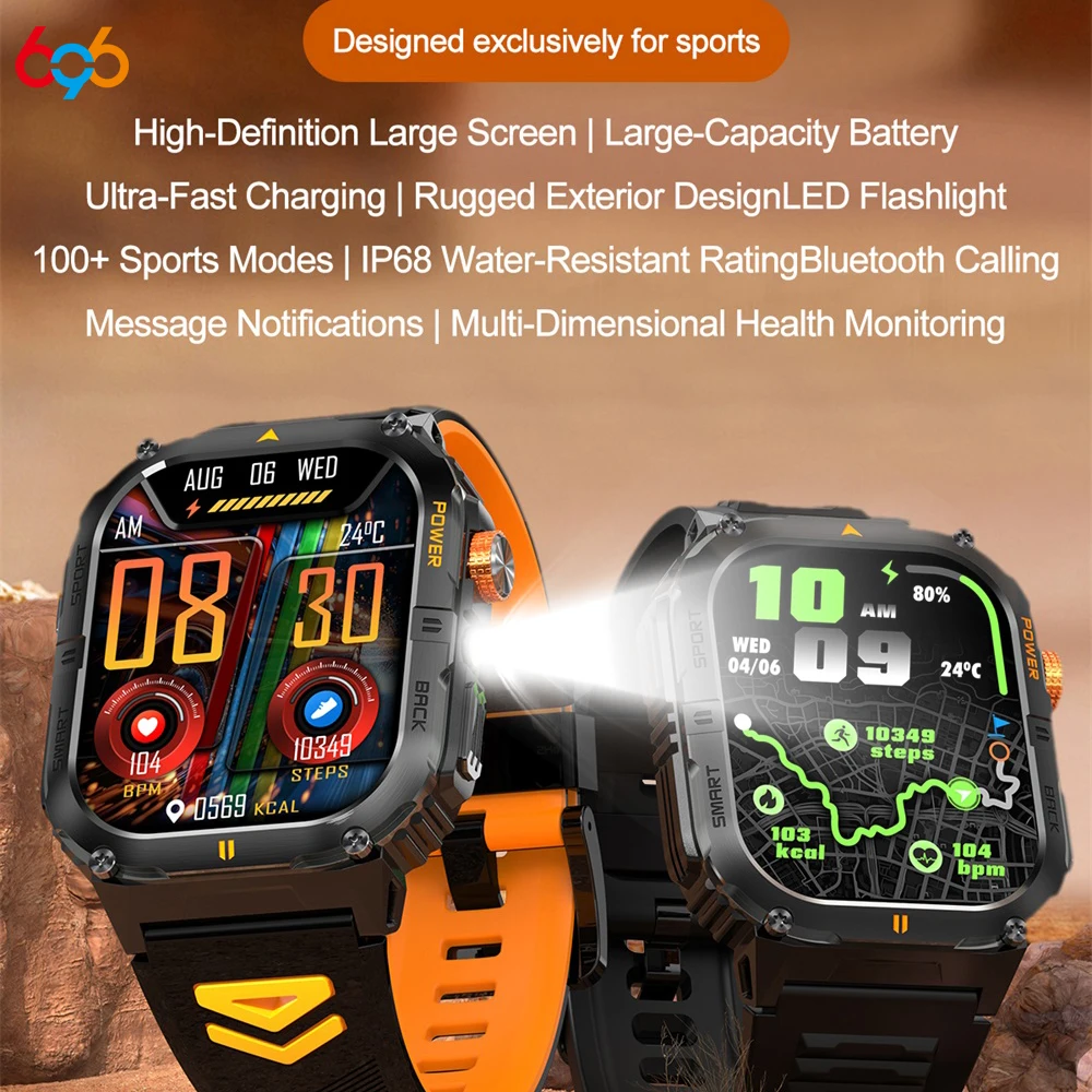 

Music Outdoor Sports Men Smart Watch LED Flashlight IP68 Waterproof Heart Rate Health Smartwatch 1000Mah Battery Blue Tooth Call