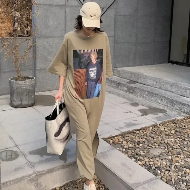 2023 Oversized Tshirt Dress Women Fashion Pattern Print Long Cover-knee Dress Short Sleeve Loose Casual Women's Dress