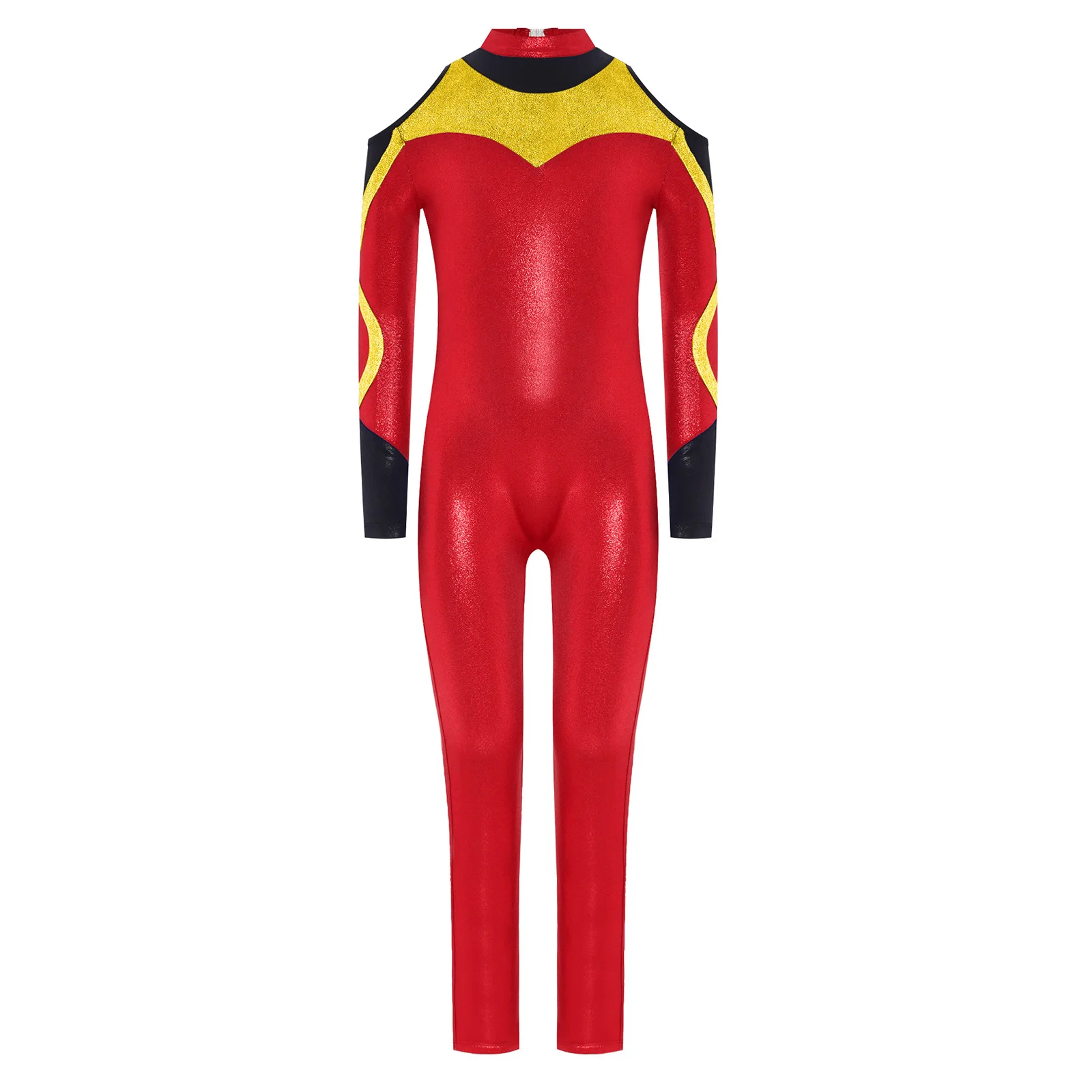 Kids Girls Acrobatics Gymnastics Dance Jumpsuit Long Sleeve Cold Shoulder Contrast Color Metallic Dance Bodysuit Yoga Sportswear