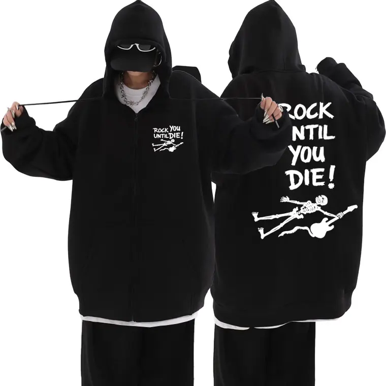 TJ Hitt Spyderwulf Rock Until You Die Zipper Hoodie Vintage Skeleton Graphic Hoodies Men Women Gothic Oversized Zip Up Jacket