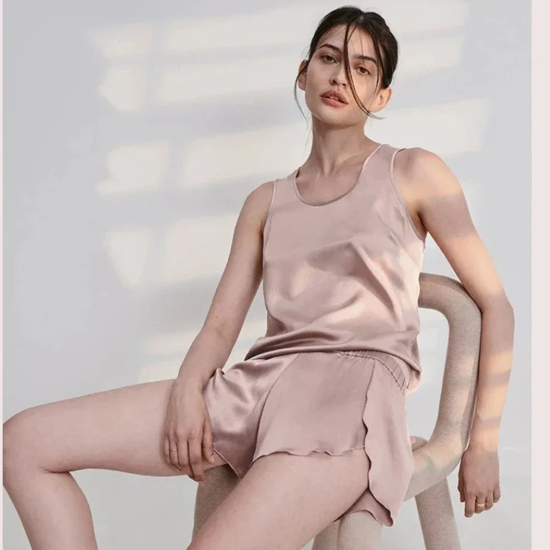 Women's 19 Momme 100% Mulberry Silk Sleeveless Pajama Sets New Summer Vest and Short Camisole Set Nightwear Luxury Loungewear PJ