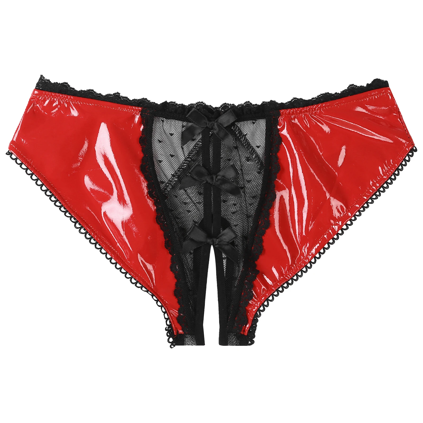 Womens Sexy Briefs Lingerie Open Crotch Panties Glossy Patent Leather Thongs Underwear Sheer Lace Patchwork Bowknot Underpants