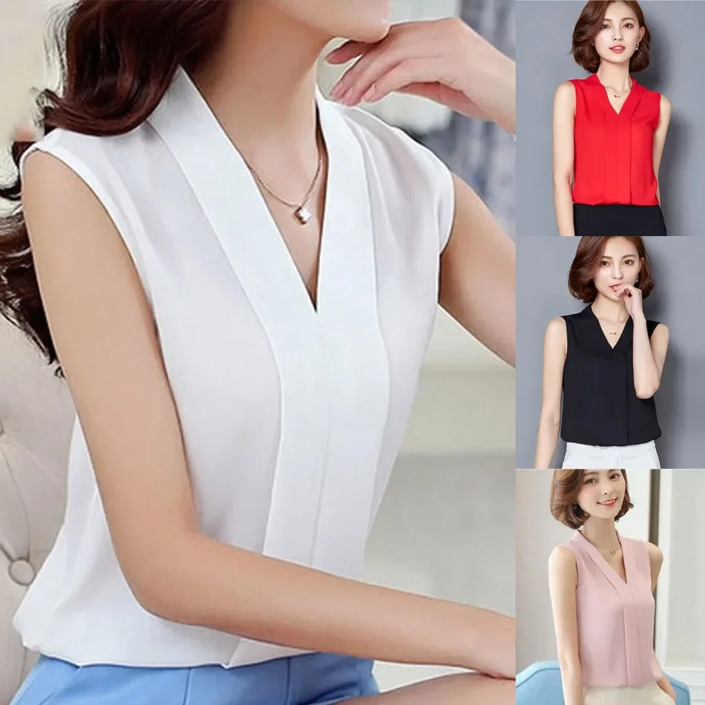 Chiffon Blouses Women Summer Sleeveless Tank Top V-Neck White Shirt Female Elegant Solid Color Office Lady Chic Blouse